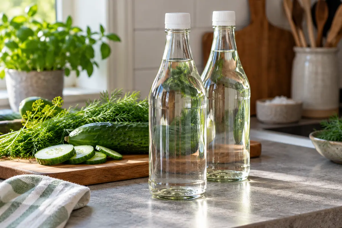 Ättiksflaskor bredvid gurka och dill på en köksbänk