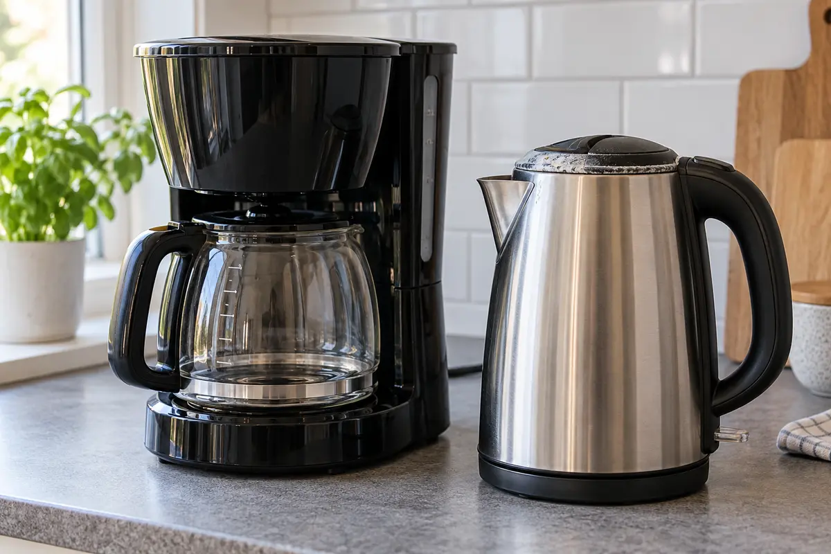 En kaffebryggare och vattenkokare på en ljus köksbänk