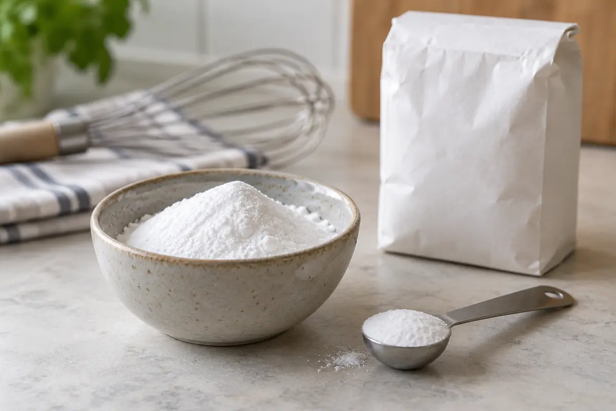 Bikarbonat i en liten skål med måttsked och bakredskap