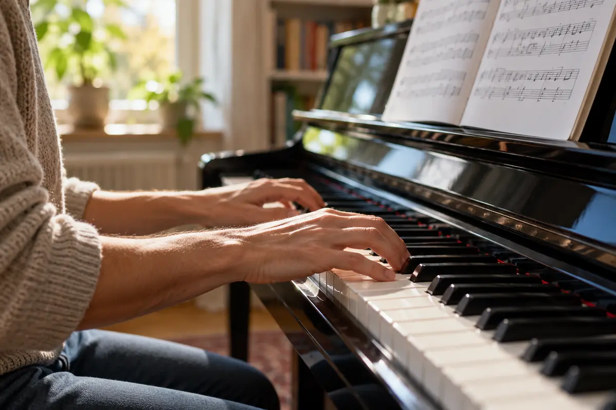 En person övar på piano i ett ljust rum