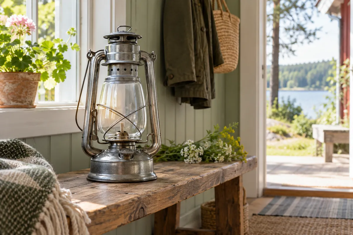 En släckt fotogenlampa på en träbänk