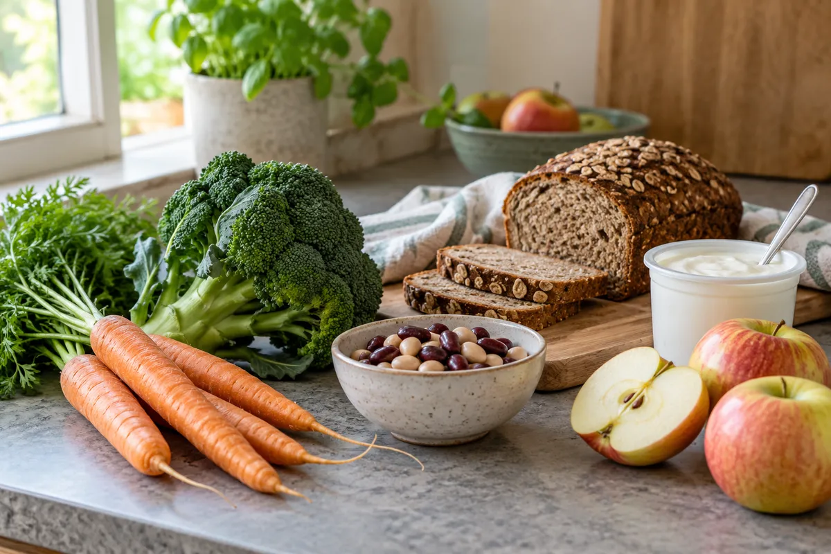 Grönsaker, frukt, bröd och baljväxter på en köksbänk