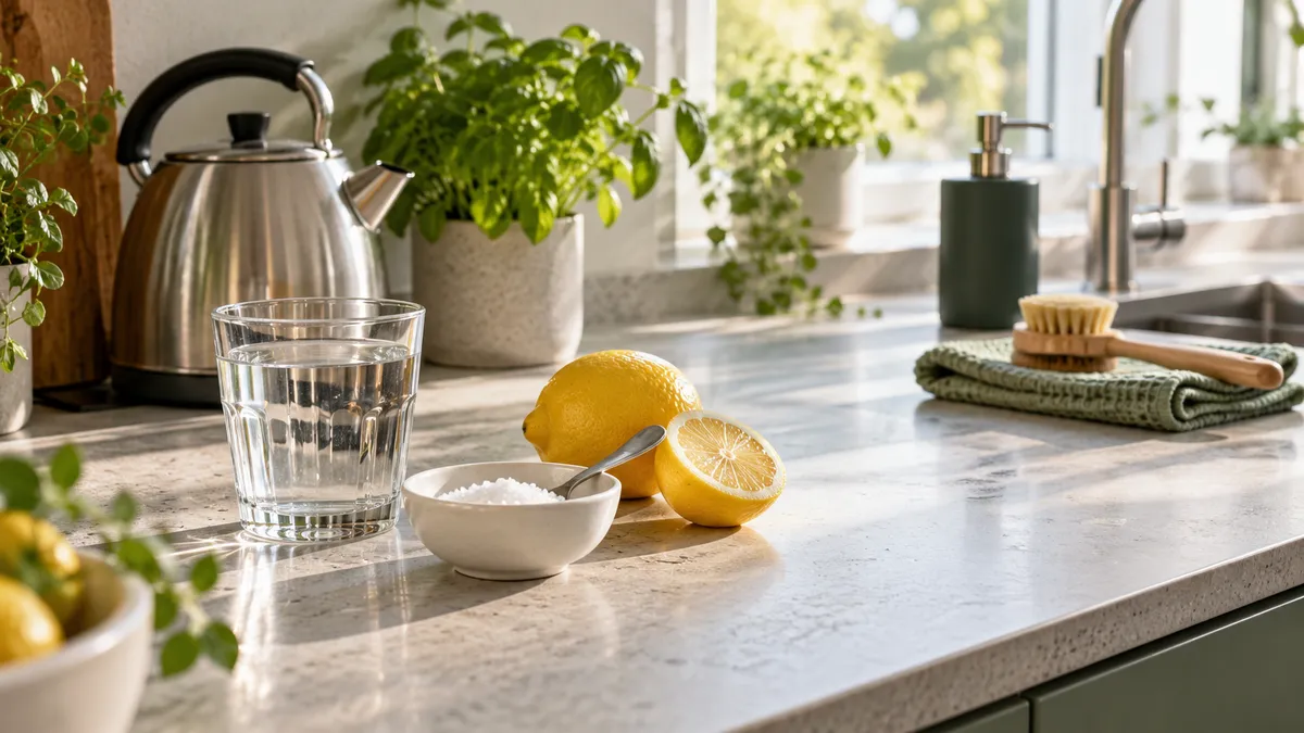 Vatten, salt, citron och rengöringsredskap i ett ljust kök