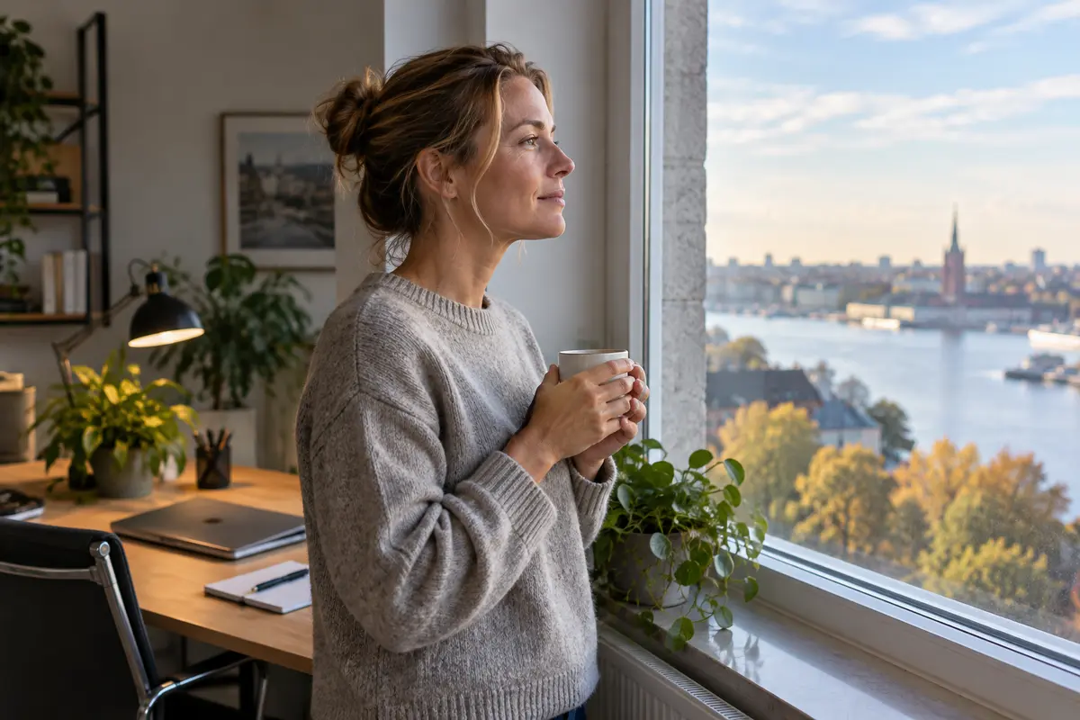 En person tar en paus från arbetet vid ett fönster