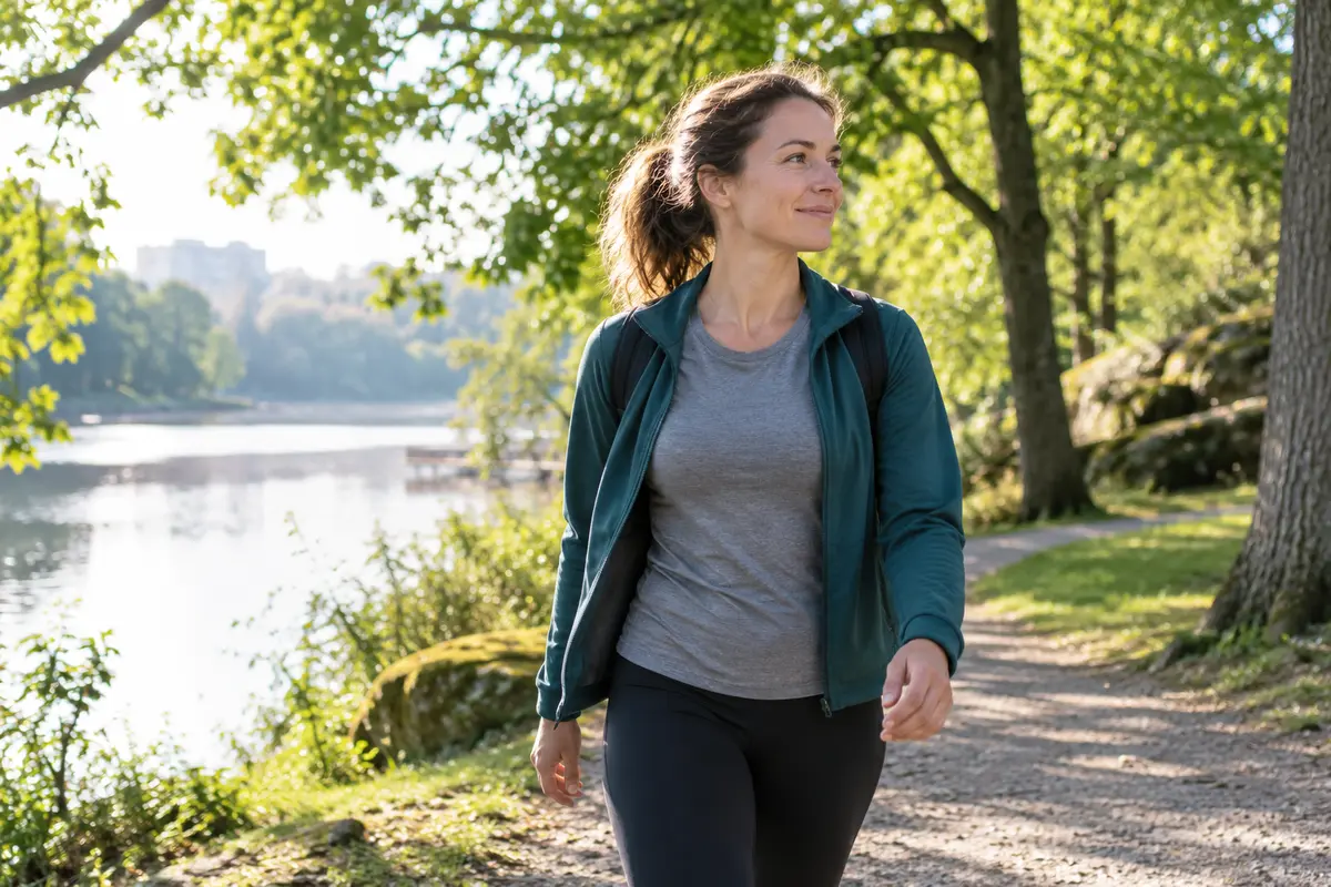 En person promenerar i morgonljus i en grön park