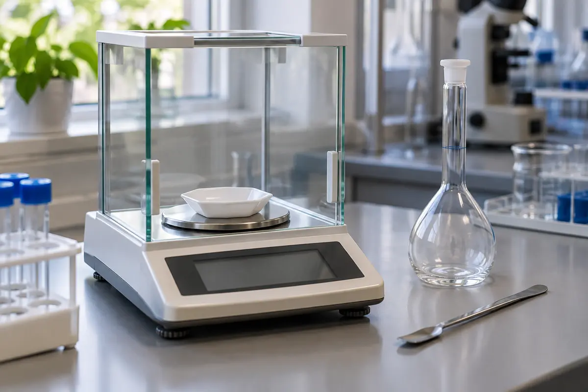 En laboratorievåg med en provskål och laboratorieglas
