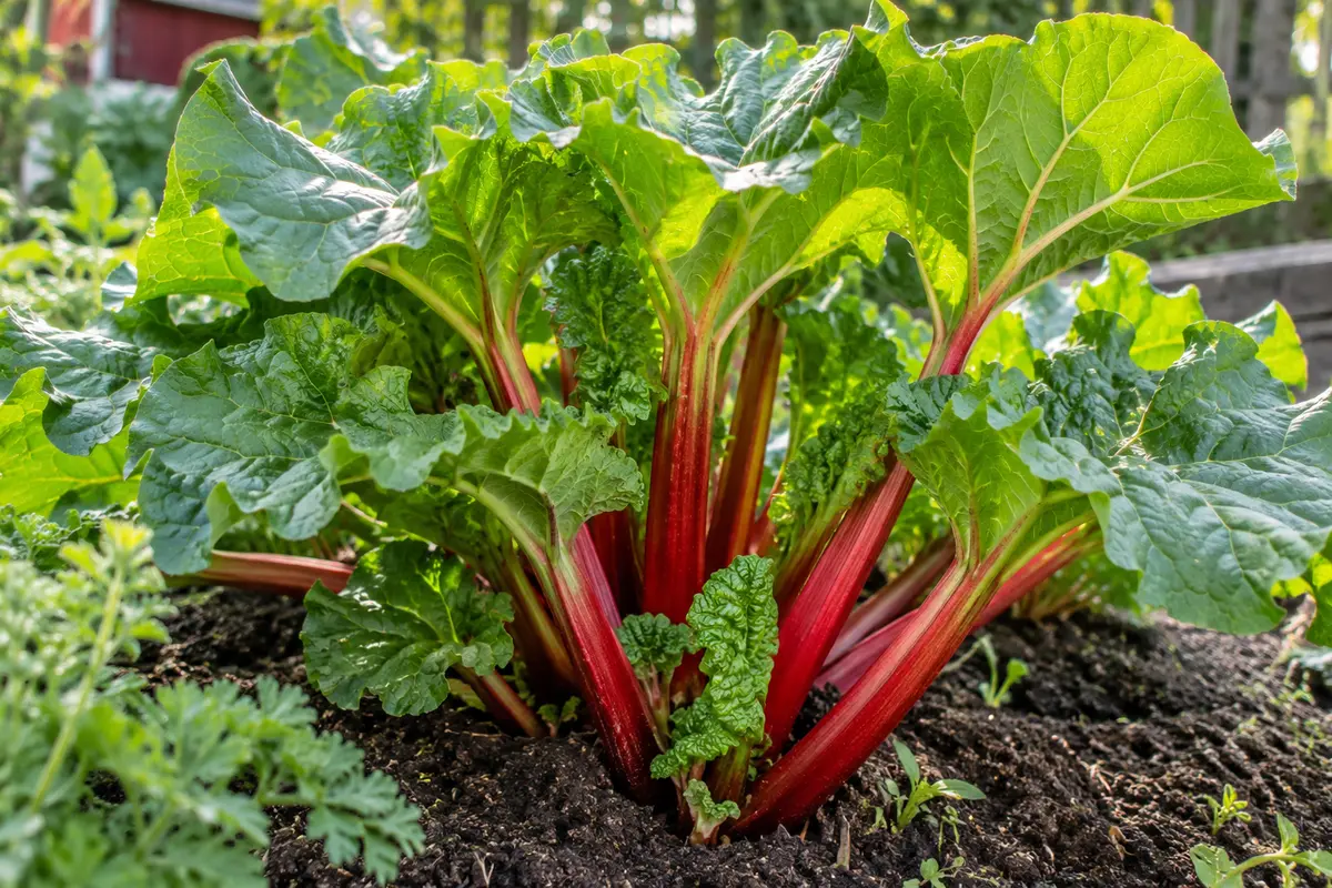 Rabarberstjälkar och blad i en köksträdgård