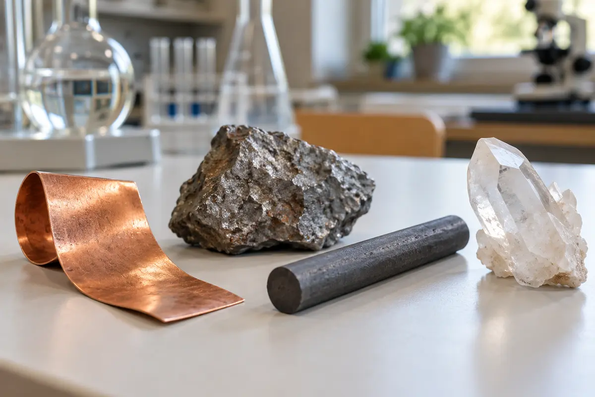 Mineralprover och metallbitar på ett arbetsbord