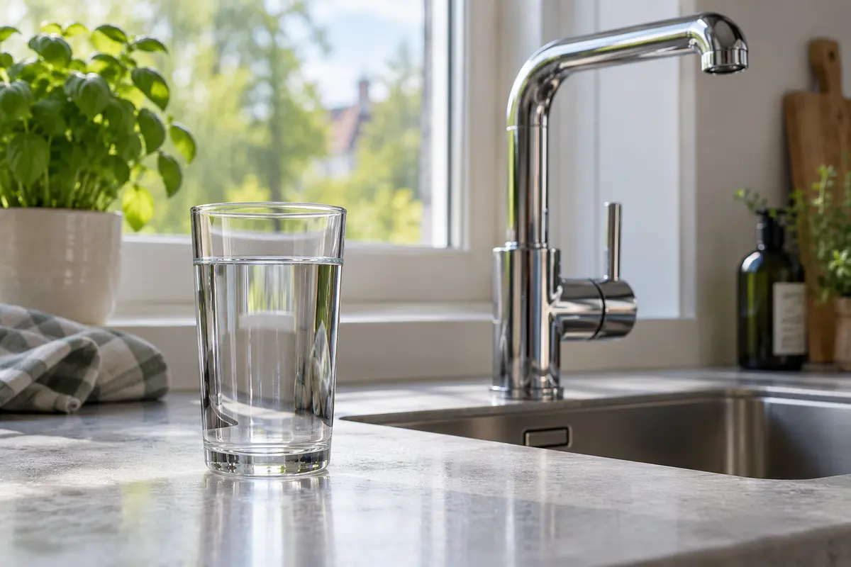 Ett glas kranvatten vid en kökskran