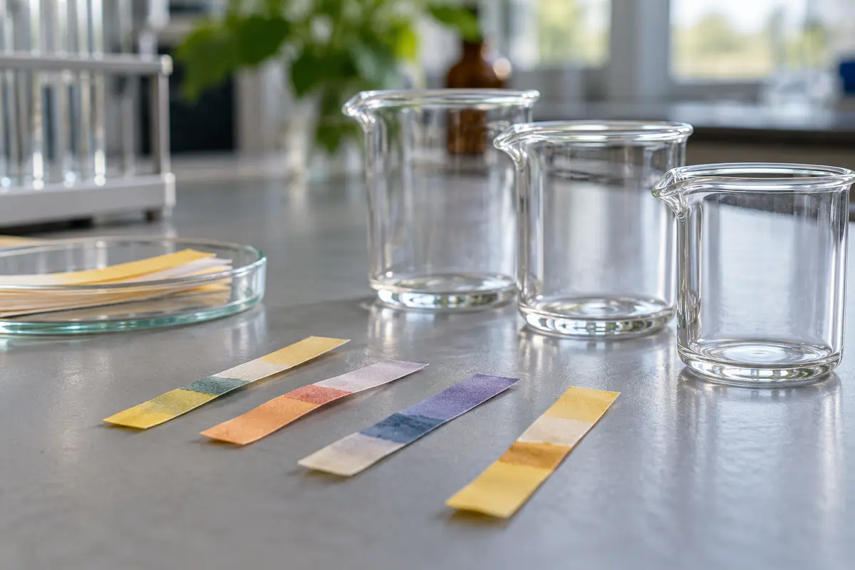 Indikatorpapper och laboratorieglas på en arbetsbänk