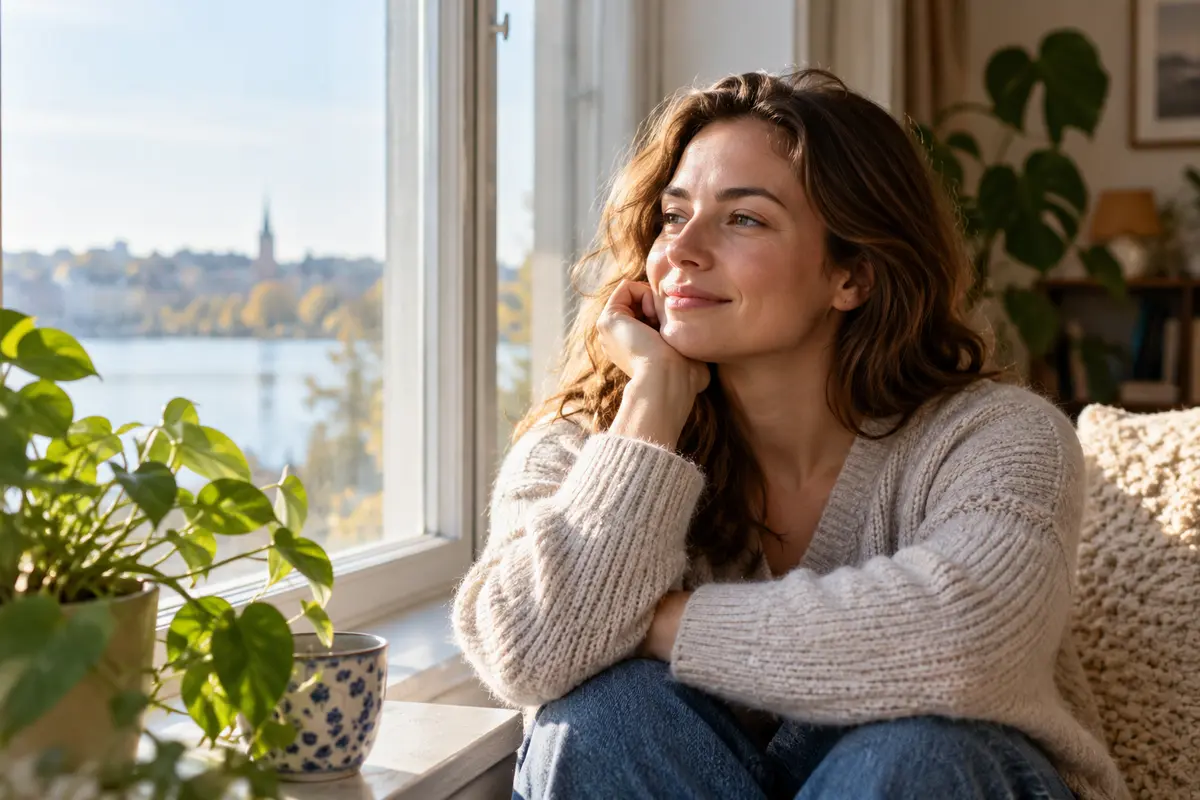 En person sitter i dagsljus vid ett fönster